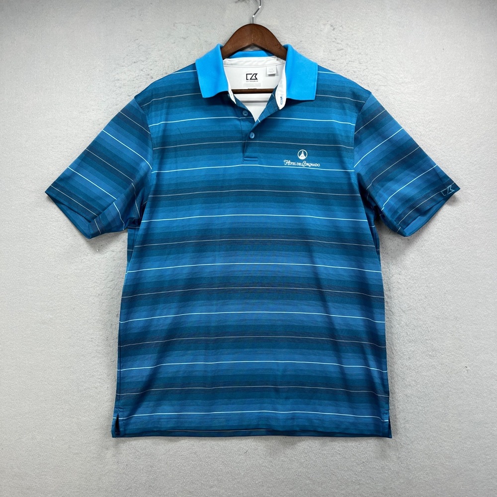 Hotel Del Coronado Cutter & Buck Polo Shirt Mens L Blue Striped CB DryTec Golf